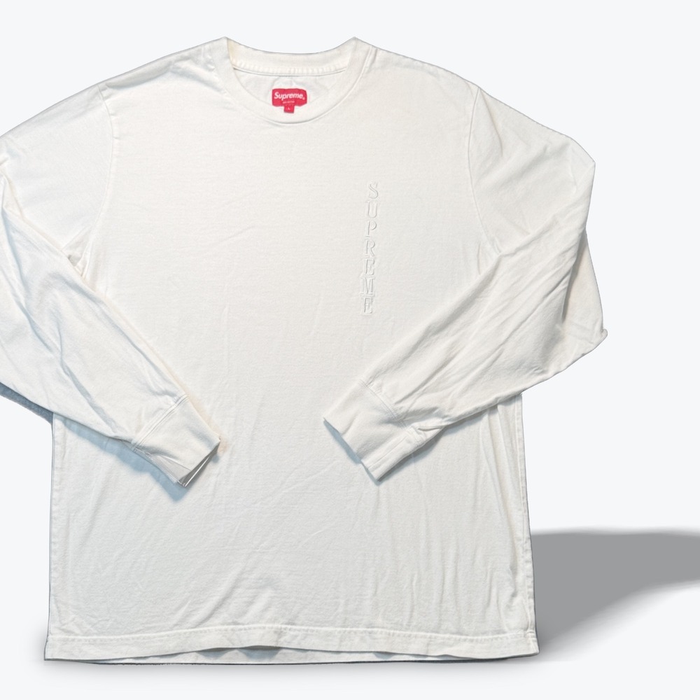 Supreme White Long Sleeve Tee Embroidered Logo Cotton Crew Neck Large Mens